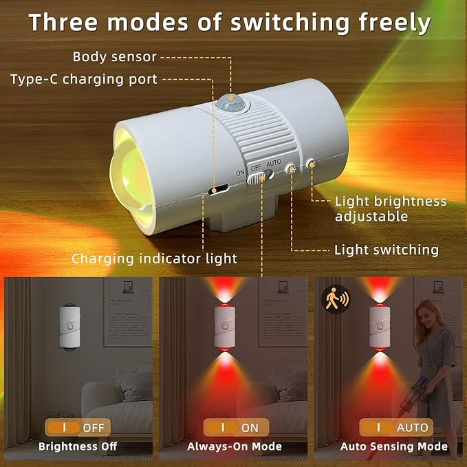 Rechargeable RGB Motion Sensor Night Light, Color Changing LED Night Light with Stick-on Magnet, 4-Level Adjustable Brightness, Nightlights for Bedroom, Bathroom, Hallway, Stairs, Closet, 2-Pack (2)