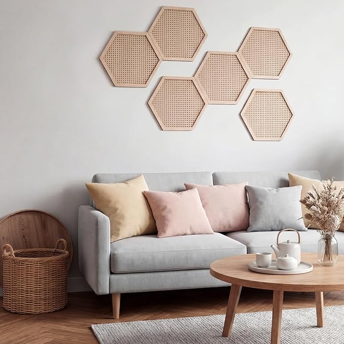 Ripeng 6 Pcs 11.8 Inch Boho Hexagon Wall Decor Farmhouse Wood Earthy Hexagon Wall Panels Modern Hollow Carved Design Rustic Abstract Decor for Living Room Kitchen Bedroom (Hollowed Style)
