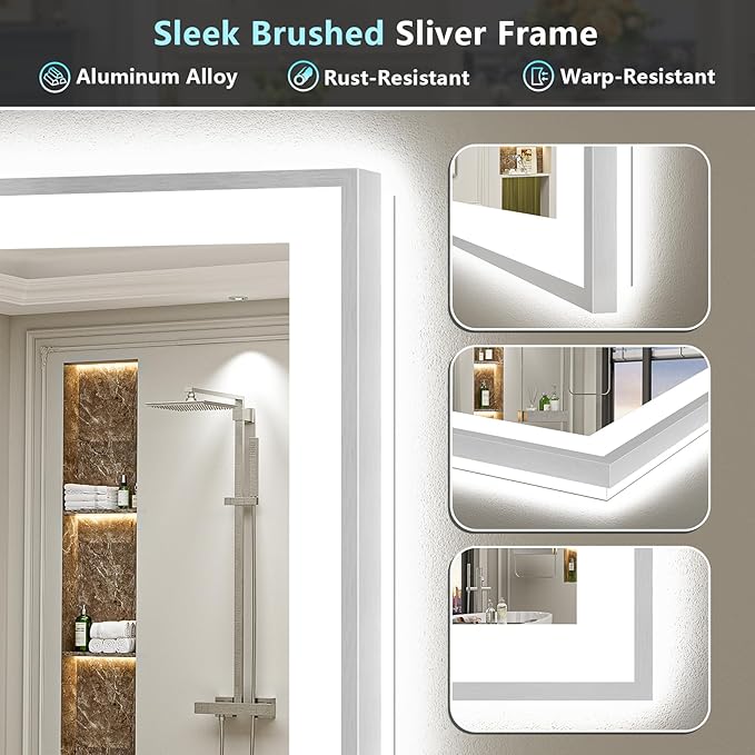 96x36 Brushed Nickel LED Bathroom Mirror with Lights, Sliver Framed Backlit and Front Lit Anti-Fog Lighted Vanity Mirrors for Bathroom Wall, Dimmable, 3 Colors, Memory, Tempered Glass, CRI＞90