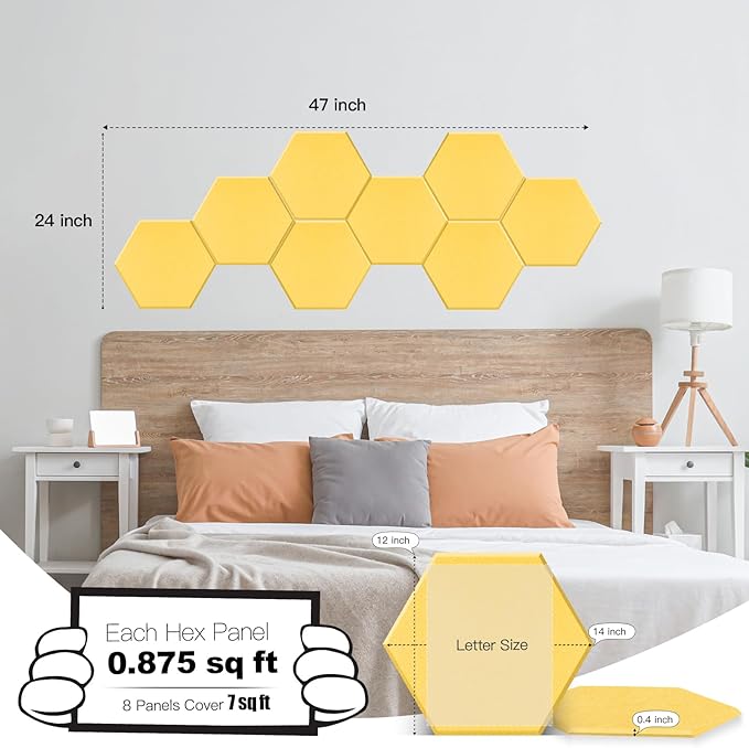 Mollywell Hexagon Acoustic Panels 14x12 - Reduce Echo & Reverb, Noise Blocking Wall Tiles for Studio & Creative Space, Yellow Sound Absorbing Panels
