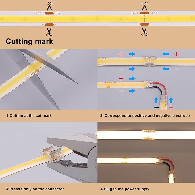 48V COB LED Strip Light 65.6ft, 3000K Warm White Flexible Cuttable LED Tape Lights 8W/M 480LEDs/M CRI 92 with AC 110V Power Supply for Bedroom Ceiling Living Room Commercial