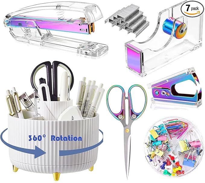 Colorful Desk Organizers and Accessories Set with 360-Degree Rotating Pen Holder, Acrylic Stapler, Tape Holder, Staple Remover, Binder/Paper Clips Kit, Scissor and 1 Box of Staples