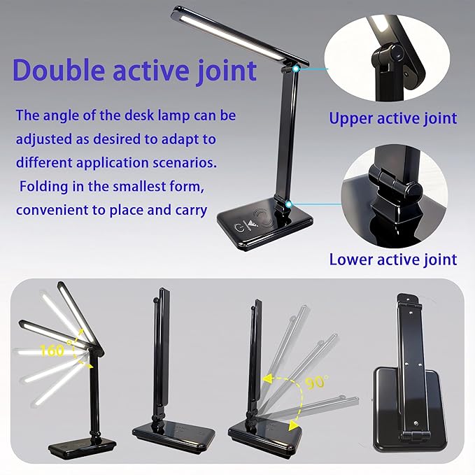 LED Desk Lamp, Reading Light for Home Office, Small Study Table Lamp, 5000K, Black, Lithium Battery 2000MAH,Work Desk Light，Emergency Lighting, Touch Lights，Stepless dimming，