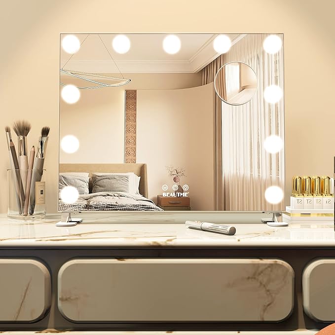 BEAUTME Vanity Mirror with Lights,Dressing Tabletop Vanity Mirror with Led Lights Beauty Mirror, Comes with a Tenfold Magnifying Glass, Intelligent Touch Desktop/Wall Mounted Makeup Mirror