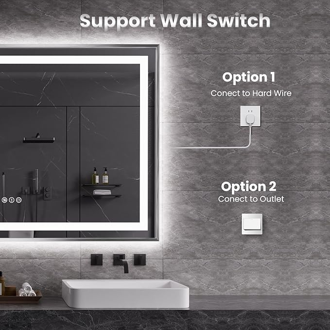 Amorho 28"X36" LED Bathroom Mirror, Brushed Nickel Framed Mirror with Front Light and Backlit, Stepless Dimmable, Anti-Fog, Shatter-Proof, Memory, 3 Colors