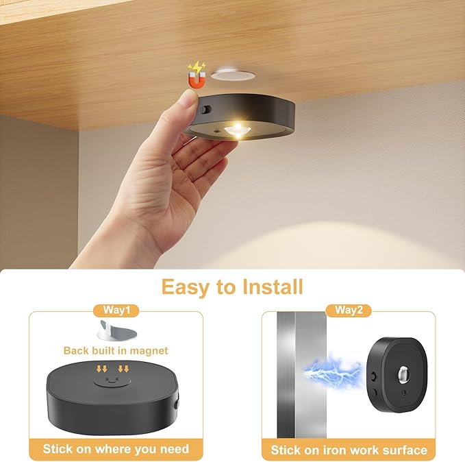 Puck Lights with Remote, Rechargeable Touch Push Lights, 13 RGB Colors Led Under Cabinet Lighting, 1500mAh Wireless Tap Light, Stick on Closet Light for Kitchen, Pantry, Shelves (Black 6 Pack)