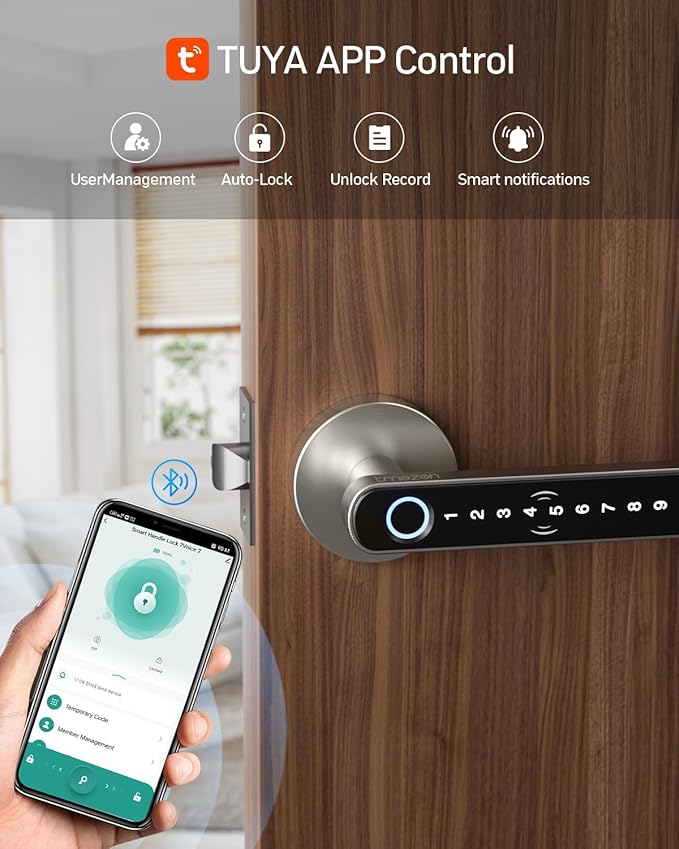 TMEZON Smart Door Lock Fingerprint, Keyless Entry Door Lock with Handle, APP/IC Cards/Codes/Keys/Fingerprints Biometric Electronic Keyless Entry Lock for Bedroom Home Hotel Office