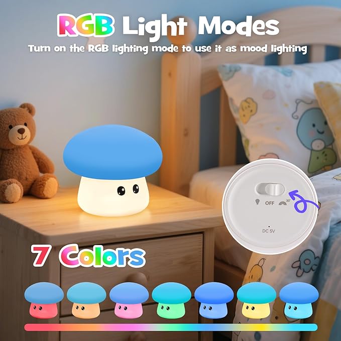 Squishy Big Eyes Mushroom Night Light with RGB Mode 3 Brightness Adjustable Nursery Breastfeeding Nightlight Cute LED Blue Mushroom Lamp Rechargeable Silicone Touch Bedside Lamp for Bedroom Dorm Decor