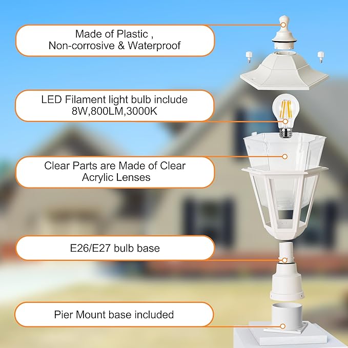 FUDESY Outdoor Post Light, Outdoor White Lamp Post Light Fixture with Pier Mount Base, Waterproof Pole Light Fixture with E26 Socket, Exterior Lamp Post Lantern for Garden Yard Patio Pathway