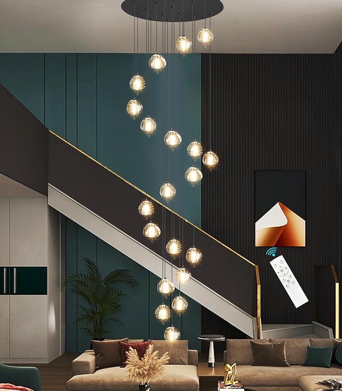 LED Glam Chandelier 138 inches Long Light Luxury Crystal Ceiling Chandeliers Remote Dimmable High Ceiling Pendants Lighting Fixtures Black 20 Lights