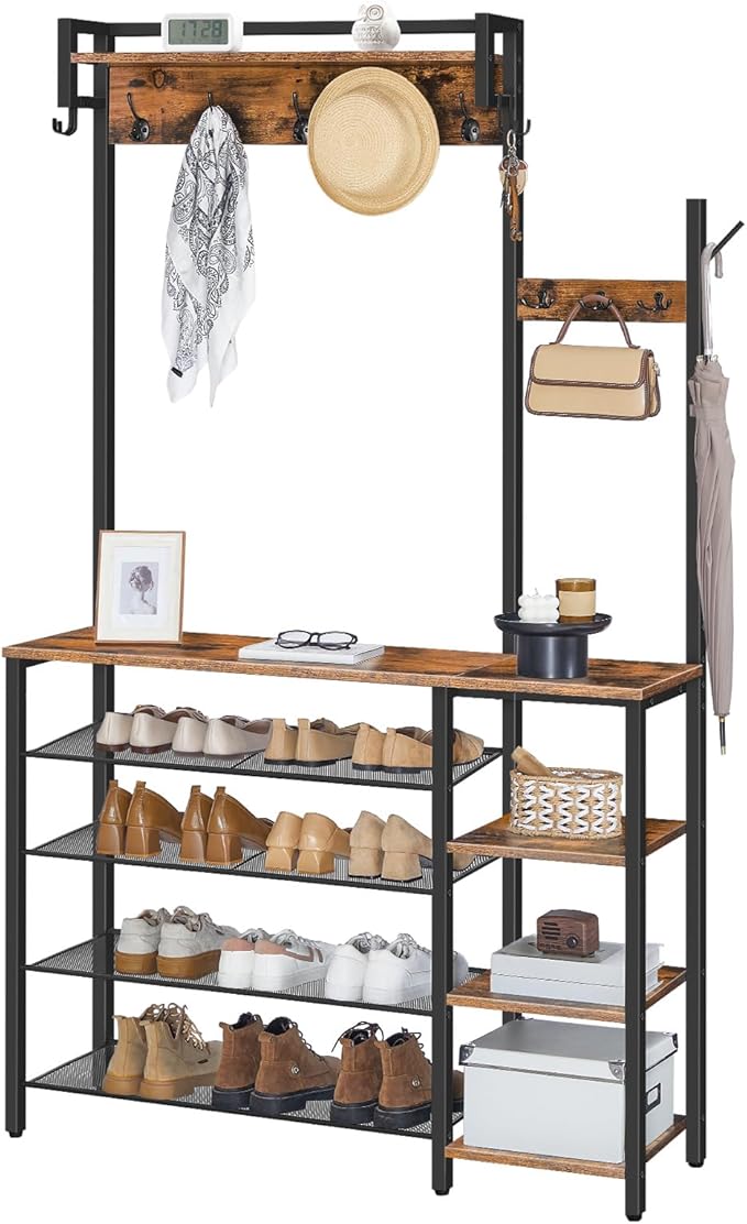 HOOBRO Hall Tree with Bench, Entryway Bench with Coat Rack, Shoe and Coat Rack for Entryway, Coat Rack with Shoe Storage and Reversible Storage Shelves, Rustic Brown BF105MT01