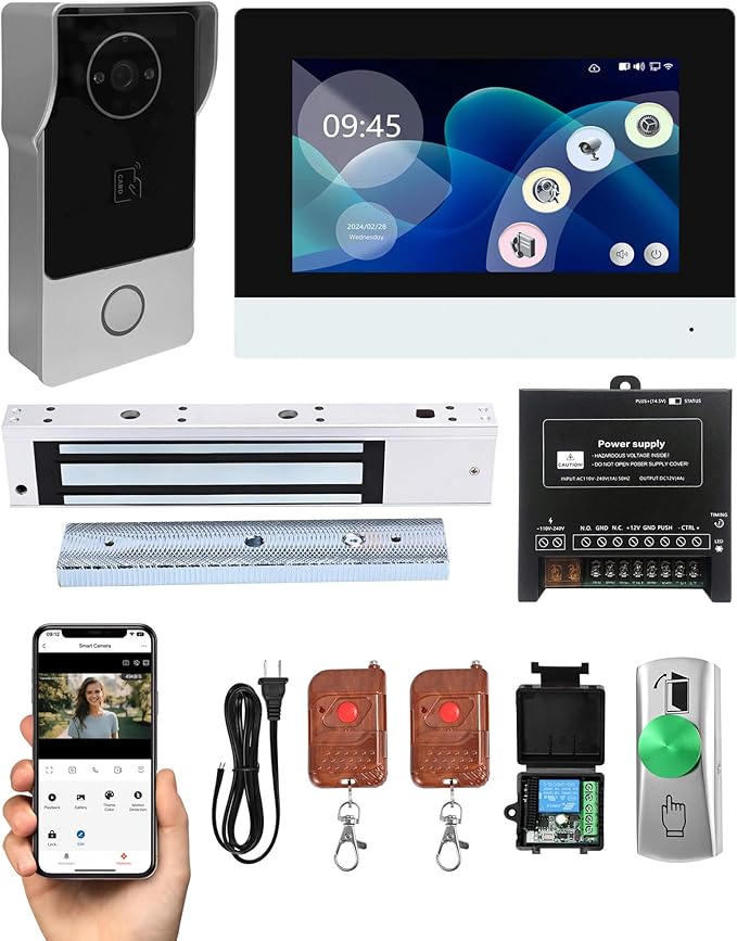 Smart Video Doorbell Intercom System with 600lb Magnetic Lock, 7" Touch Screen Wi-Fi Monitor, 1080P 2.0MP HD Camera, RFID IC Card Access, Tuya App Remote Unlock, Exit Button & Remote Control Kit
