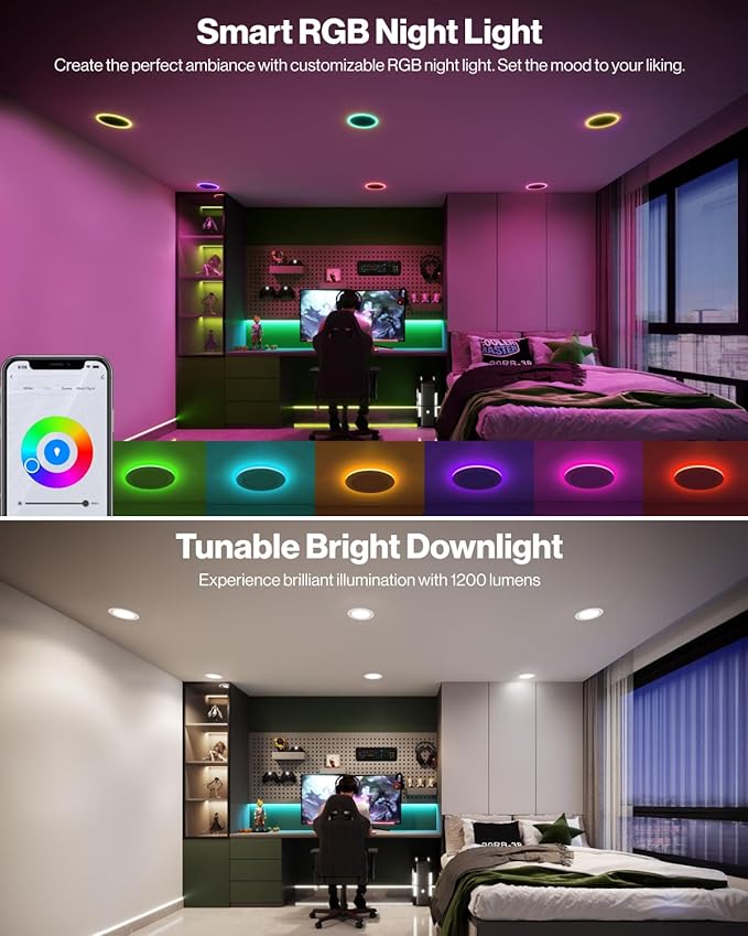 Sunco 6 Pack 6 Inch Smart Ultra Thin LED Recessed Ceiling Lights with Night Light, Tunable CCT 2700K to 6000K, Dimmable, 15W, Smooth Trim, Canless with Junction Box