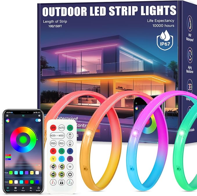 Outdoor LED Strip Lights Waterproof, 100FT (2 Rolls of 50ft) RGB IP67 Led Lights with App and Remote Control, Color Changing Led Rope Lights for Garden, Pool, Patio, Balcony Decor