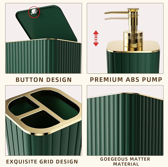 XLHOMO Bathroom Accessory Set - 25PC Green Bathroom Sets, Bathroom Set with Shower Curtain and Rugs, Dark Green Shower Curtain Set, Trash Can, Qtip Holder & Soap Dispenser