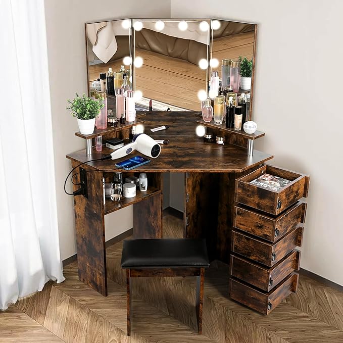VOWNER Vanity with Lights - Makeup Vanity Desk with Power Outlet, 3 Color Lighting Options Brightness Adjustable, Vanity Table with 5 Rotating Drawers, Shelves and Stool for Bedroom, Rustic