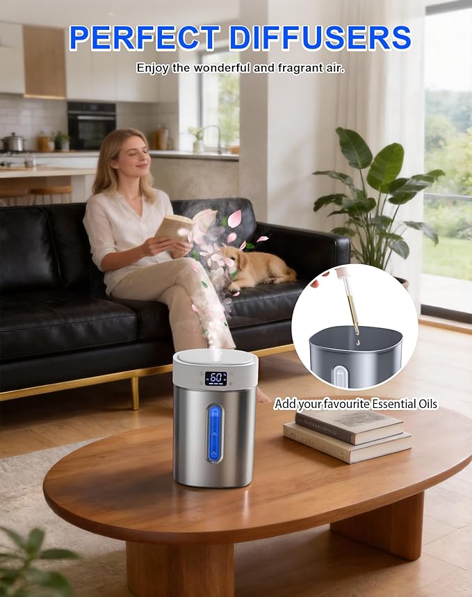 Humidifiers for Bedroom Large Room Baby, 4L Ultrasonic Cool Mist Humidifier, 304 Stainless Steel humidifiers, Auto Humidity Control, Humidity Display, Night Light, Quiet,Timer,Aromatherapy