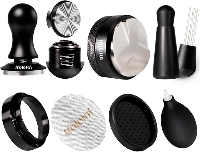 7 PCS Espresso Accessories Kit: 51mm Espresso Tamper, Coffee Distributor, Puck Screen, Dosing Funnel and WDT Tool, Premium Espresso Tool Set Fits Delonghi 51mm Machines and Portafilter