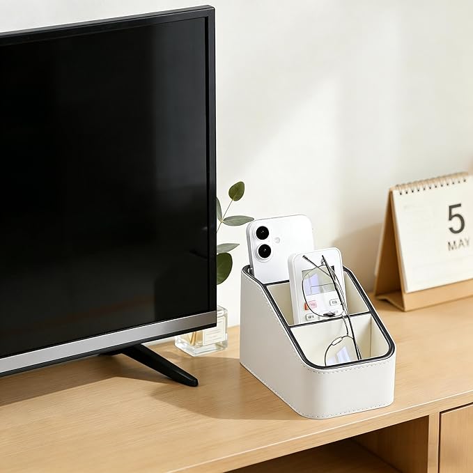 PU Leather Remote Control Holder, Small Desk Organizer Office Supply Bedside Caddy for Nightstand End Table Couch, Pen Remote Organizer with 3 Compartments (Cream)