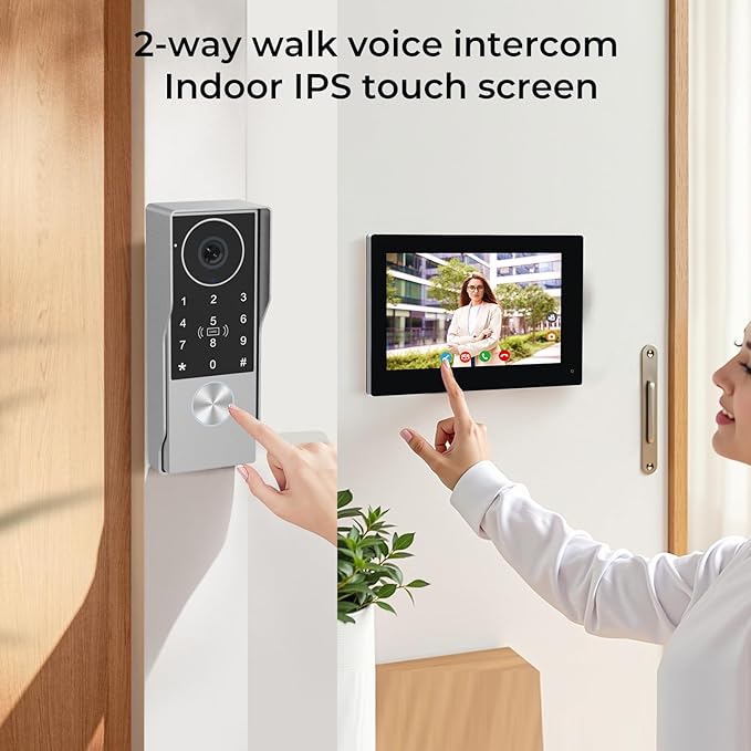 2-Wired key pad Video Intercom System with keypad,doorbell with monitor Dual 7'' Touch Screen, 1080P HD Camera, Passcodes Unlock, Night Vision, Tuya app, Waterproof, for Front Gate Apartment Home