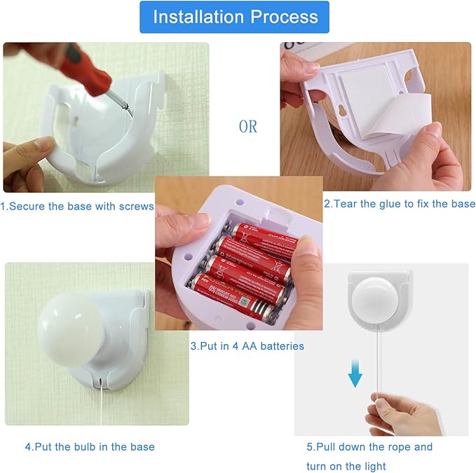 4 Pack Stick-Up Battery Operated Light Bulb, Wireless LED Closet Light Bulb, Self Adhesive Wall Mounted Light Fixture with Pull Chain for Cabinet Bedroom Living Room Kitchen, Milk White Cover