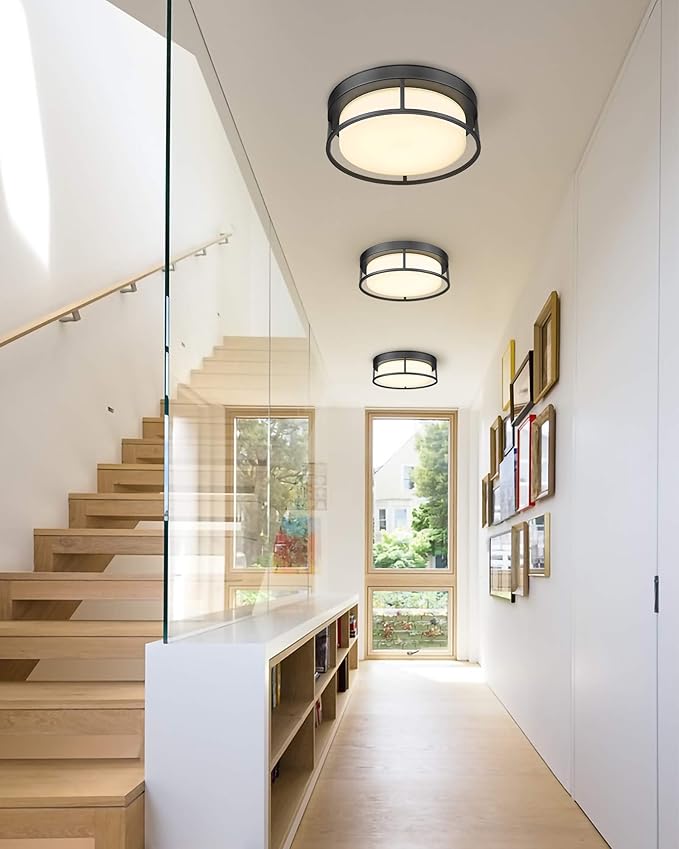 CALDION Flush Mount LED Ceiling Light Fixture, 12 Inch 24W 950Lumen Round Ceiling Light Fixtures, Dimmable 3000K Warm White, Black, Frosted Glass Shade, Close to Ceiling Lights for Hallway,6871LFM-BK