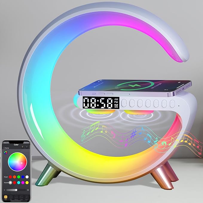 Table Lamp with Wireless Charger, Atmosphere Lamp with White Noise, Smart Light Sound Machine, Bluetooth Speaker with Alarm Clock, App Control Night Light Lamp for Bedroom【Large G ‎NH-69】