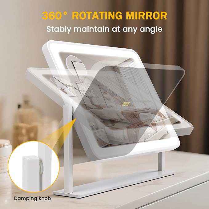 Rechargeable Vanity Mirror with Lights, 3000mAH Battery, 14"×12" LED Makeup Mirror, 10X Magnification, Smart Touch with 3-Color Lighting, 360° Rotation, Lighted Up for Makeup Desk, Bedroom (White)