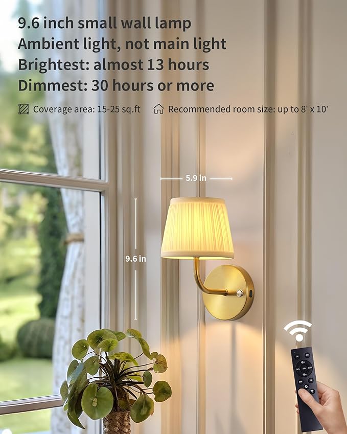 PUSU LED Cordless Gold H9.6 inch Small Wall Sconces Set of 2, Rechargeable 5200mAh Battery Operated Fabric Wall Lamp with Remote, Lighting for Living Room, Bedroom, Hallway, Bathroom, Stairs, Kitchen