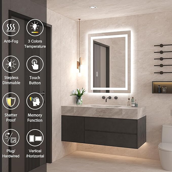 LED Mirror for Bathroom 24x32 Lighted Bathroom Vanity Mirrors with Lights, Brighter Frontlit and Backlit Anti-Fog Mirror, Tempered Glass, Dimmable 3 Colors Light Modes, Memory Function
