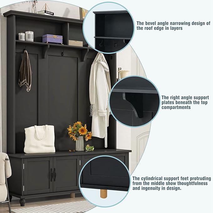 Widen Hall Tree with Bench and Shoe Storage, Modern Entryway Bench with Coat Rack, Cabinet, 2 Drawers and Shelves, Mudroom Bench with Storage and 5 Hooks for Entry Way, Hallway (Black)