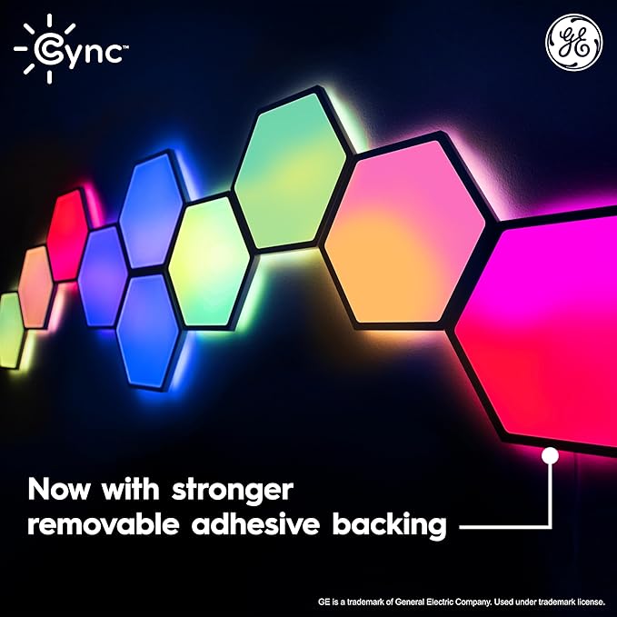 Cync GE Dynamic Effects Indoor Hexagon WiFi Smart LED Color Changing Lights, Wall Light Panels for Room Décor, Gaming Setup, Music Sync LED Wall Art, Works with Alexa and Google, 10 Panels