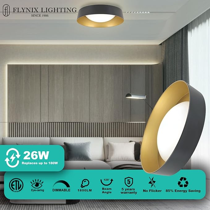 15.5 Inch LED Flush Mount Ceiling Light Fixture, 26W, Super Bright 1800 Lumen, 3 Color 3000K/4000K/5000K, Matt Black with Gold Inside, Dimmable Ceiling Lamp for Bedroom Hallway Bathroom Outdoor
