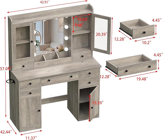 Vanity Desk with Mirror and Lights, 43" Grey Makeup Vanity Set with 5 Drawers & Glass Cabinets, Makeup Tray, Power Outlet & Adjustable LED Lights, Dressing Table for Women & Girls Bedroom