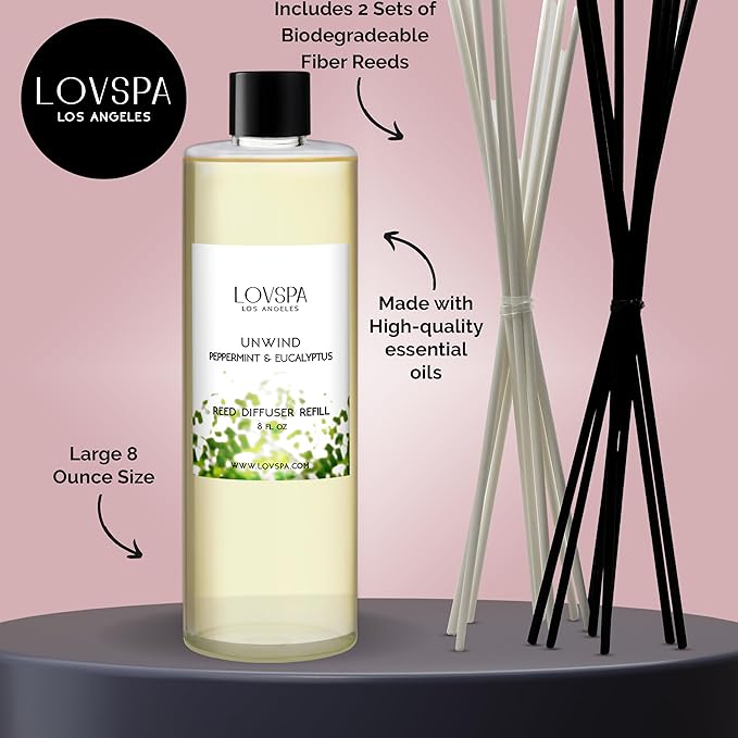 LOVSPA Unwind Eucalyptus & Mint Diffuser Oil - Essential Oils for Diffuser Refill & Air Freshener Room Spray - Long-Lasting & Natural Home Fragrance, Scented Oil for Diffusers, USA Made, 8 oz