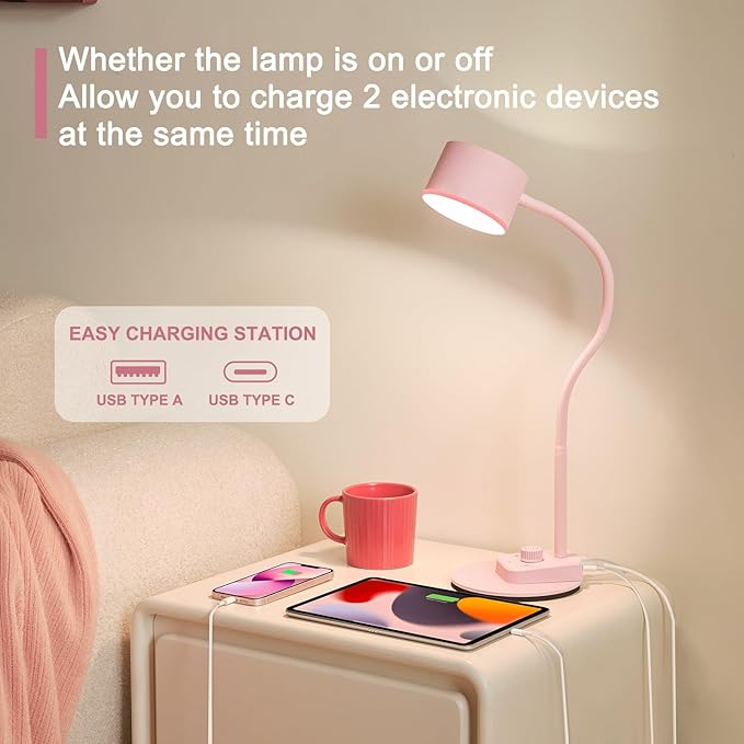 Cute Desk Lamp with USB C + A Charging Port, 5 Colors Dimmable Reading Lamps, Minimalist Pink Lamp for Kids, Eye Care Metal Bedside Table Lamp with Timer Flexible Desk Light for Home Office