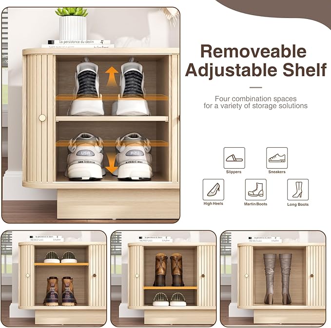 63" W Small Shoe Storage Bench, Shoe Bench Entryway with Sliding Doors and Adjustable Shelvs, Wooden Low Cabinet for Hallway, Living Room, Bedroom, Apartment, Dorm, Mudroom, Garage, Oak, 2PCS