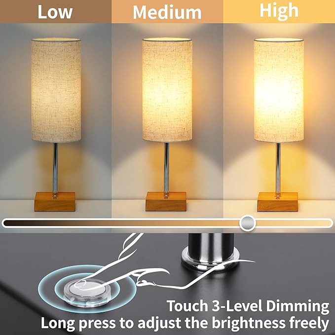 Cordless Table Lamp with Dimmable, Rechargeable 3 Modes Battery Powered Bedside Lamp, rv Essentials Battery Operated Lamps, Touch Lamp for Bedroom, Living Room, Reading Room,15 Inch Beige wood 2PK