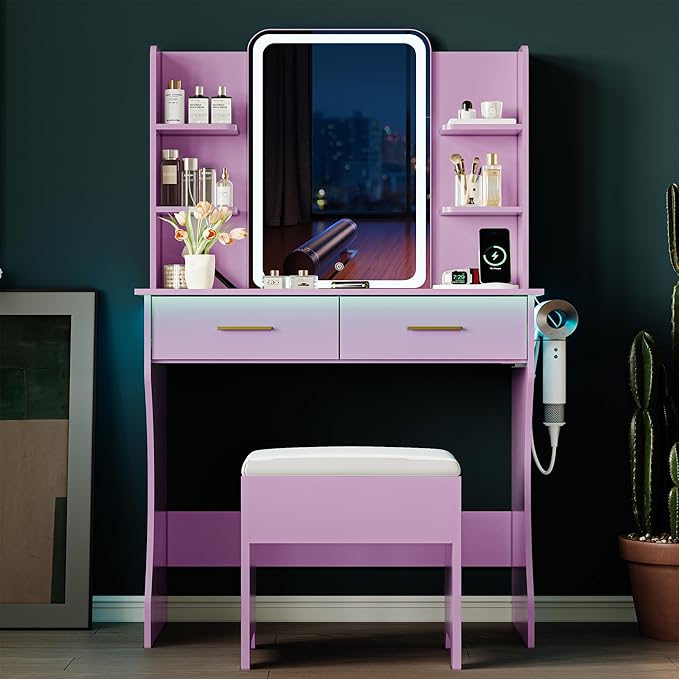 Vanity Desk with LED Lights Mirror & Power Outlet, Small Makeup Vanity Table Set with Storage Drawers & Chair, 3 Lighting Modes & Adjustable Brightness, Dressing Table for Women Girls Bedroom, Purple
