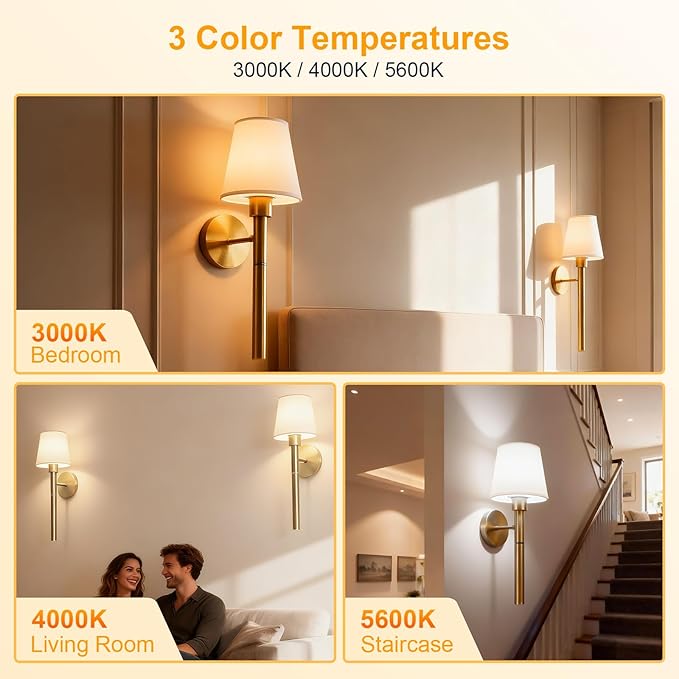 Tomshine 2 Pack Battery Operated Wall Sconces, 5200mAh Rechargeable Wireless Wall Lights with Remote, Magnetic Detachable RGB Dimmable Gold Fabric Lamp for Bedroom Living Room