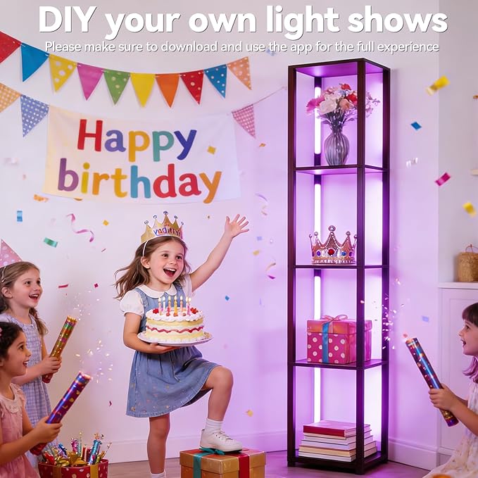 RGBCW Floor Lamp with Shelves, Smart Modern Floor Lamp with Music Sync, Color Changing Corner Display Shelf Lamp, Dimmable Square Standing Lamp for Living Room and Bedroom, Office