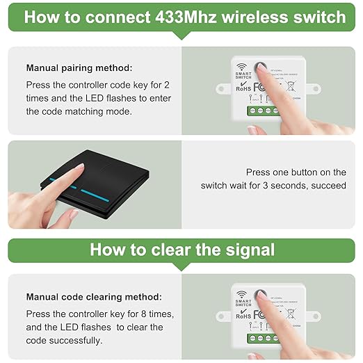 RGBZONE Wireless Remote Light Switch and Receiver Kit, No Wiring, 100ft RF Range, Pre-Programmed, Expandable Wireless On/Off Switches for Ceiling Lights, Lamps (Black)