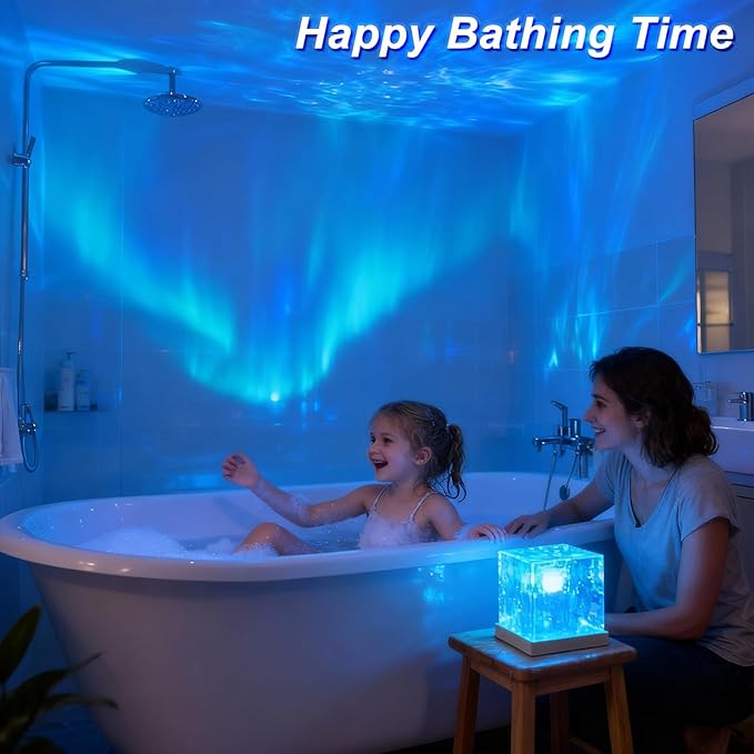 Rechargeable Shower Lights for Inside Shower, 16 Color Ocean Wave Projector Light, Dimmable Rotating Dynamic Water Ripple Light Ocean Lamp for Bedroom Classroom Bathroom Bath Tub Spa