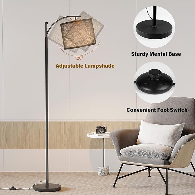 SUNMORY Arc Floor Lamp, Modern Floor Lamp with 9W 3 Color Temperatures Bulb, Metal Standing Lamps with Adjustable Hanging Lampshade, Tall Floor Lamps for Living Room, Bedroom, Office