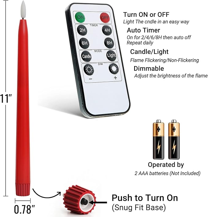 Red Flameless Taper Candles with Remote Control - 11 Inch LED Candlesticks Battery Operated, Realistic 3D Flame with Wick, Timer, Christmas Decor - Set of 6