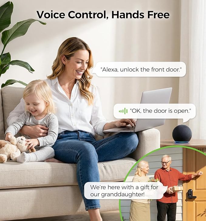 WiFi Smart Lock with Handle, Keyless Entry Door Lock for Front Door Lock Set with Alexa & Google Assistant, Voice Control & APP Remote, Fingerprint Keypad Door Lock with Handle,PIN Unlock,Auto Locking