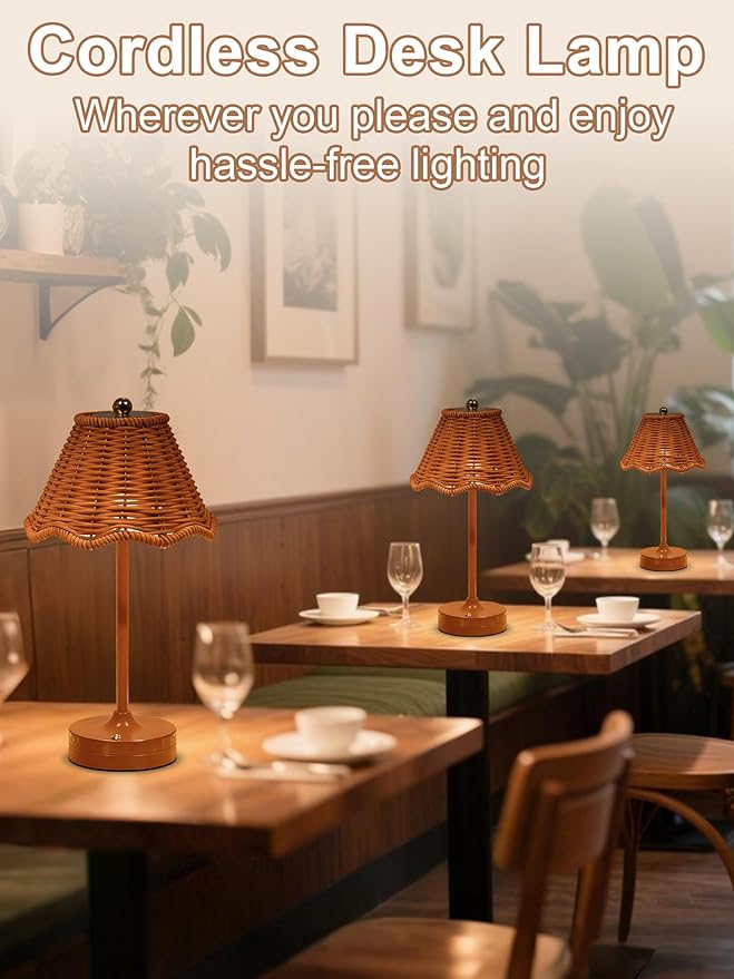 Cordless Table Lamp,Rechargeable LED Desk Lamp,Small Bedside Lamp with 3 Color Touch Control,Vintage Boho Lamp,Dimmable Night Light for Living Room Bedroom Office Dorm Decor