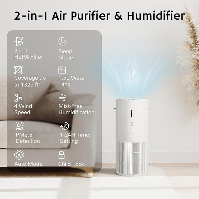 Airthereal 2-in-1 Air Purifier and Humidifier Combo for Large Room up to 1325 ft², 3-Stage Filters, Air Quality Monitor and Quiet Sleep Mode, Evaporative Humidifier with Hygrometer, AEH300