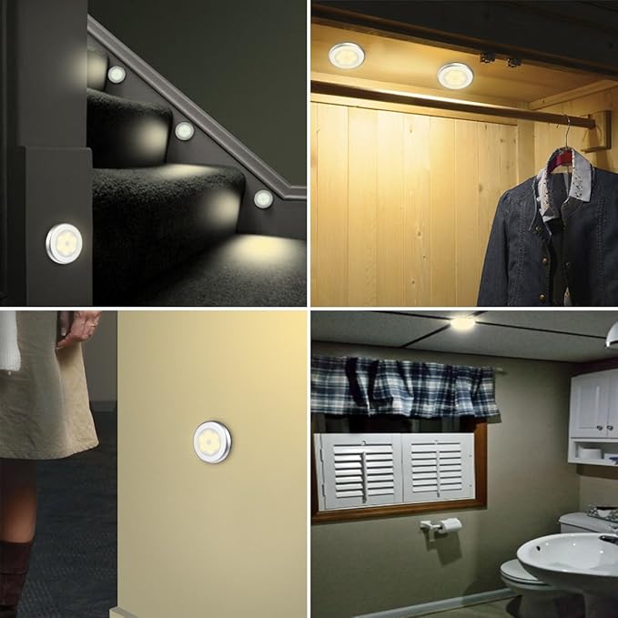 AMIR Upgraded 3.15” Motion Sensor Light, 3 Pack Battery-Powered LED Night Light, Closet Lights Stair Lights, Puck Lights, Safe Lights for Hallway, Bathroom, Bedroom, Kitchen (Silver - Warm White)