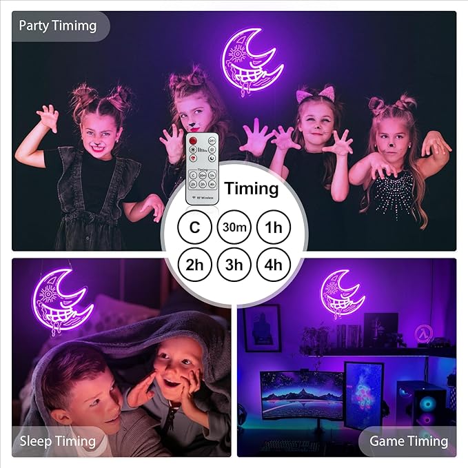 Moon Neon Sign, Purple Scary Devil Drooling Blood Moon Led Sign for Wall Decor with Remote Dimmer, Retro Vintage Psychedelic Mystic Moon Neon Light for Christmas Bedroom Party Gift - 10''